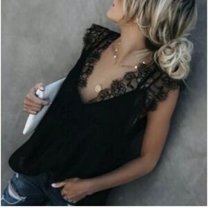 Eyelash Trim Black Sheer Lace V-Neck Sleeveless Blouse Top Medium